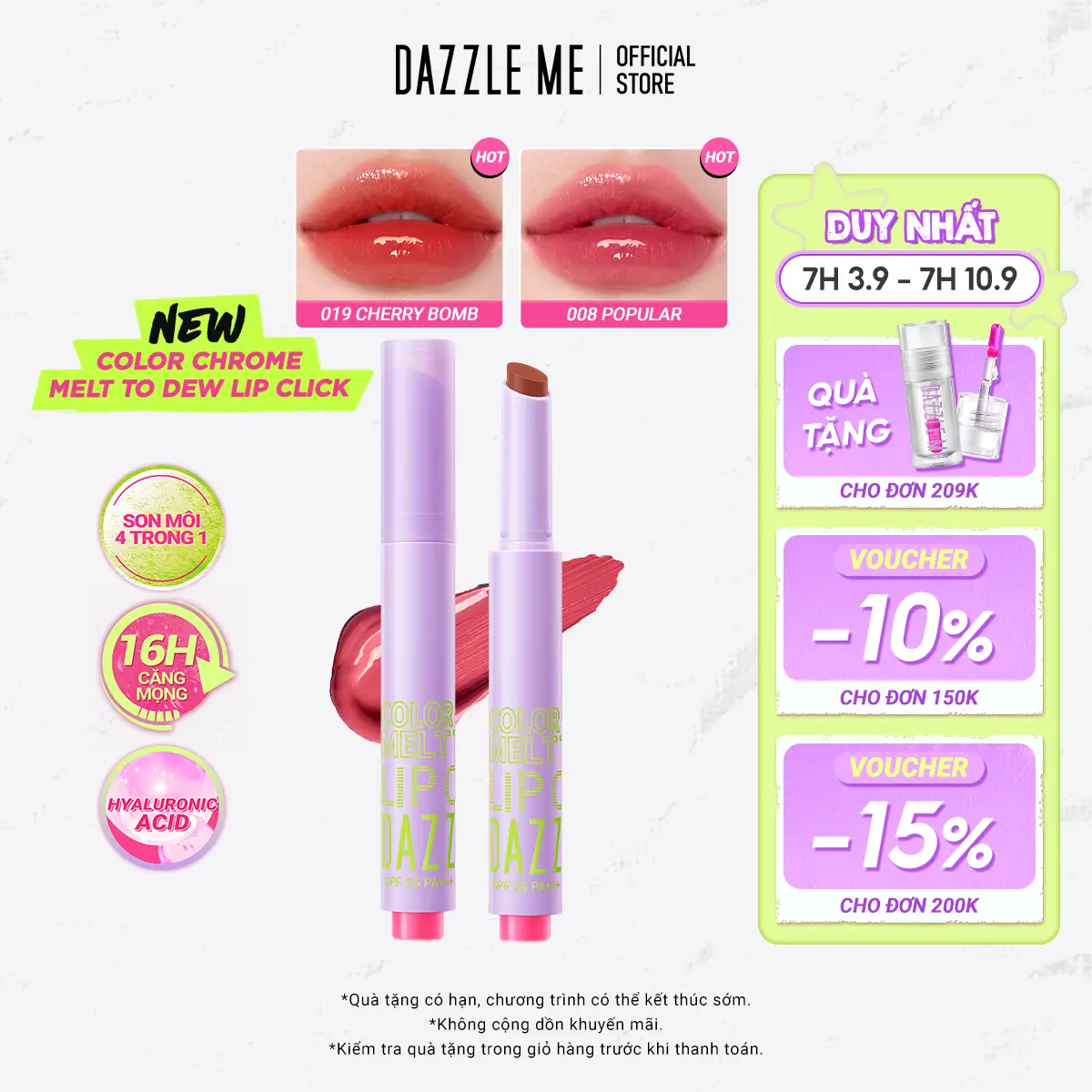 Son môi 4-in-1 DAZZLE ME Color Chrome Melt to Dew Lip Click dưỡng ẩm có màu đôi môi 2g