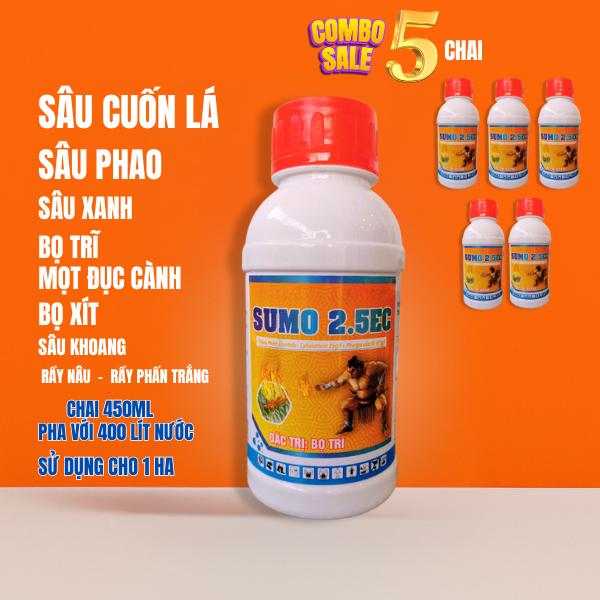 Combo 5 Chai Sumo 450ml - Hỗ trợ sâu cuốn lá sâu phao bọ trĩ rầy phấn trắng sâu xanh bọ xít Mọt đục cành bọ cánh cứng hại cây lúa bắp cải cà chua ớt dưa leo dưa hấu bầu bí cam quýt bưởi nhãn sầu riêng - Chai 450ml pha 400 lít nước