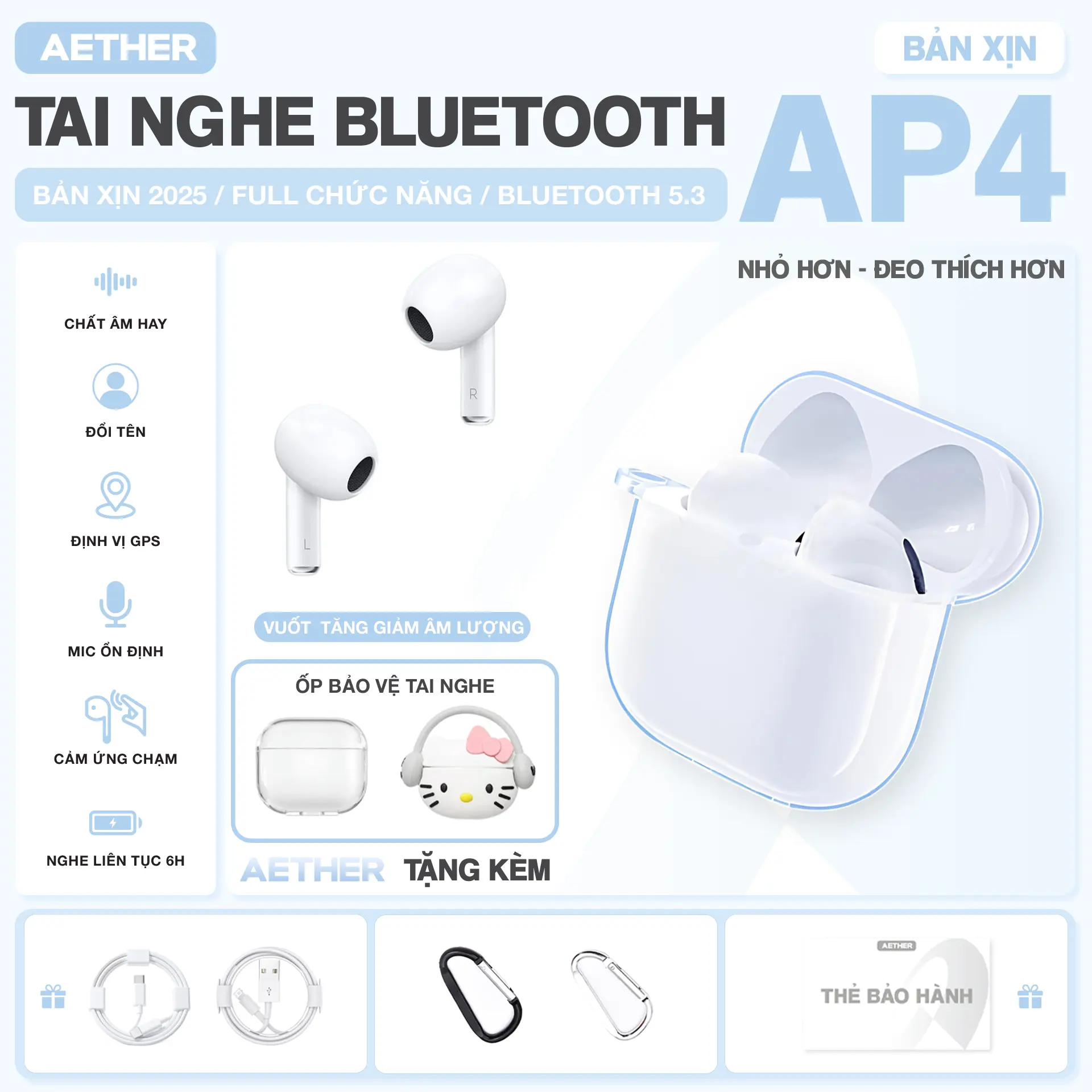 Tai Nghe Bluetooth AP4 Aether, Tặng Ốp, Cáp sạc, Âm Thanh Êm Ái, Vuốt Tăng Giảm Âm Lượng, Đổi Tên, Định Vị, Tự Động Kết Nối,Bảo Hành Đổi Mới trong 6 Tháng,Phù hợp mọi dòng máy Pin trâu Nhét Tai Nghe Nhạc Bluetooth Earphone
