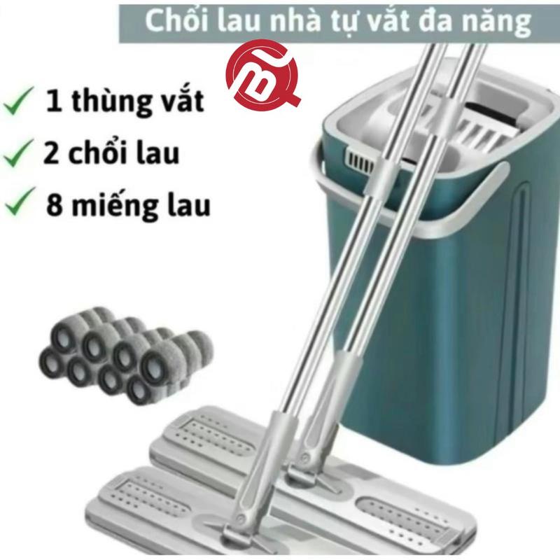 Bộ cây lau nhà ( 1 thùng + 2 cây  + 8 bông ) tự vắt thông minh đầu xoay 360 độ tiện lợi  Sàn Làm Sạch Inox choi mop chổi