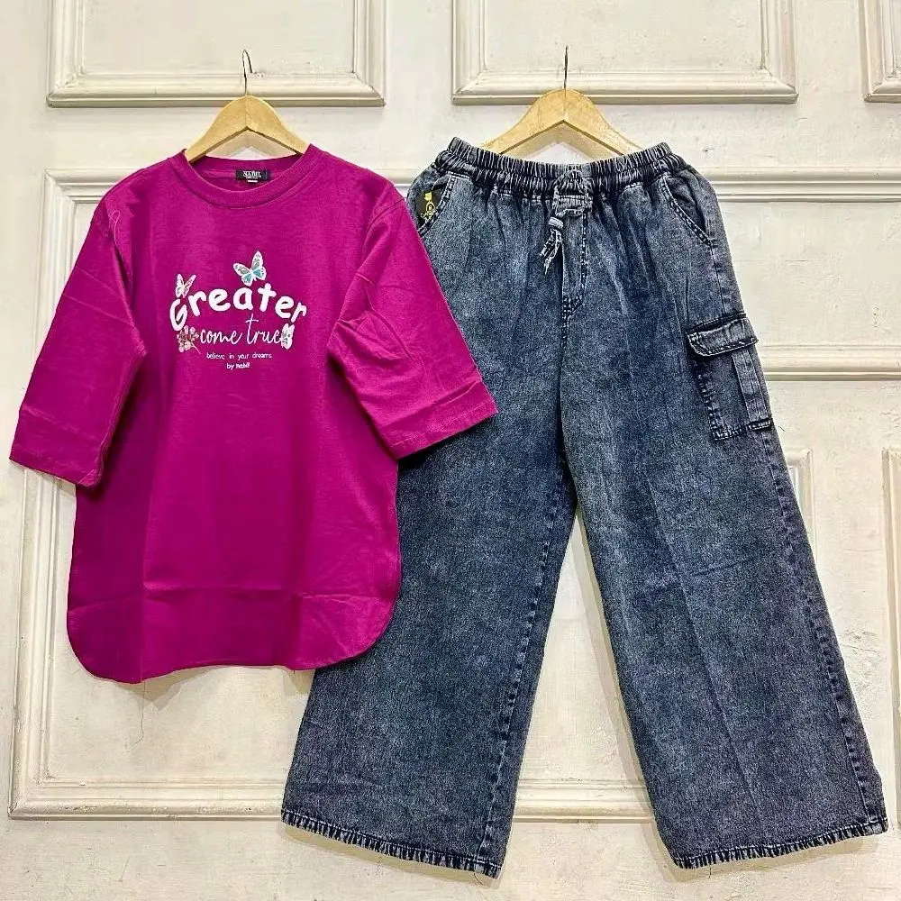 Setelan Wanita Dewasa Baju Kaos Combet Kombinasi Celana Jeans Panjang Razita XL-XXL Atasan plus Celana Kulot Cargo Lebar