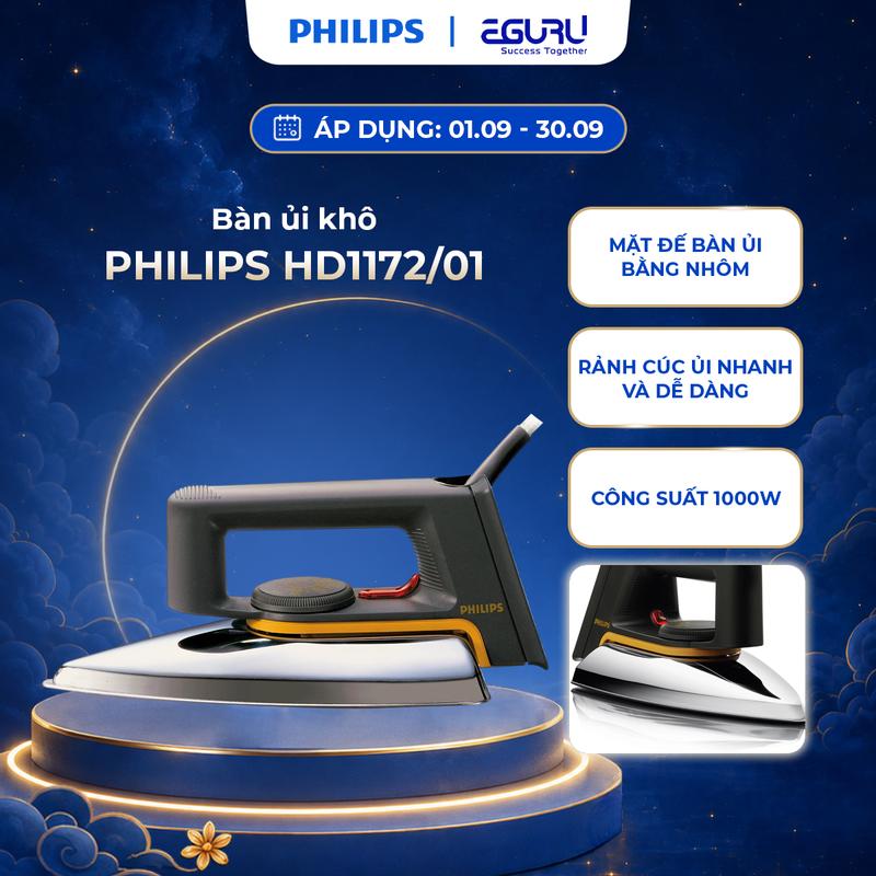Bàn Ủi Khô PHILIPS HD1172/01 1000W - Mặt Đế Nhôm Mài Phẳng Dây 1.9m Đèn Báo…