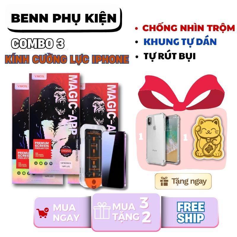Có bán lẻ 1 kính Combo 3 kính cường lực iphone chống nhìn trộm khung trợ dán Cường lực kinhkong vmox tự rút bụi phủ nano chống nước chống bám vân tay Kính cường lực full màn iphone từ X XS 11 12 13 14 15 16 PROMAX Tặng kèm ốp chống sốc và mèo thần tài