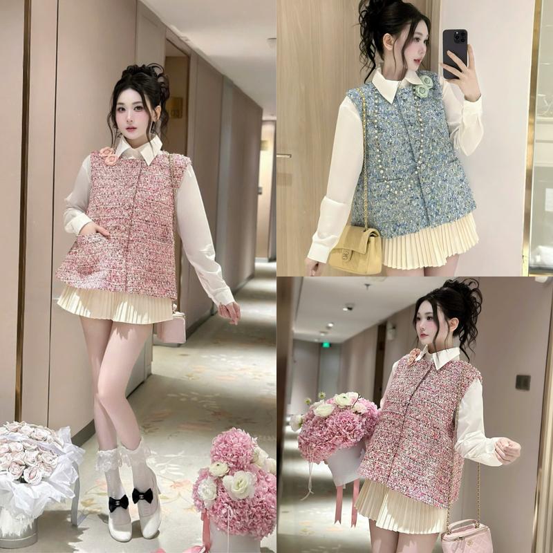    Tặng tag Hoa   Set Áo Sơ Mi Mix Gile Dạ Siu Xinh Chất Dạ Mềm Dễ Mix Đồ - SB 884 