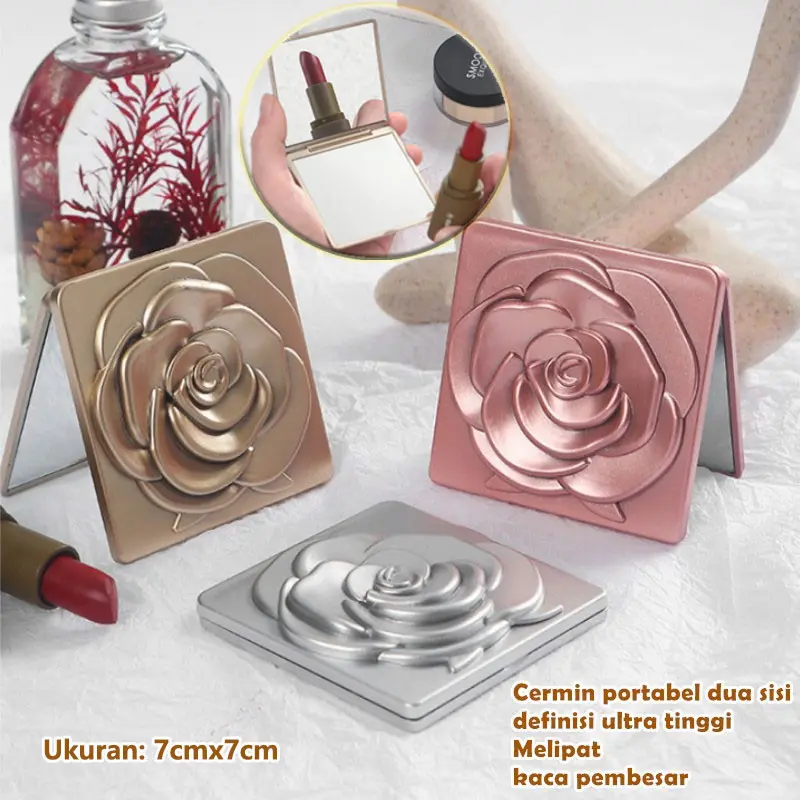 3X Cermin Make Up Pemodelan Relief Mawar/Cermin Lipat 2 Sisi Dengan Pembesar Kaca Kecil Portable 0