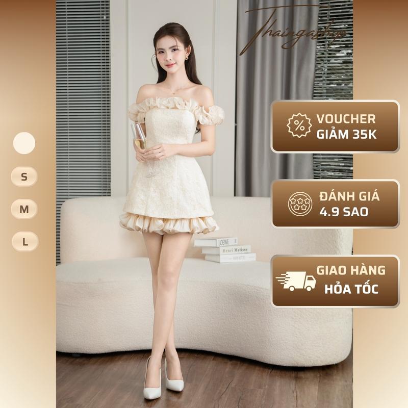  Đầm Dự Tiệc Dáng Ngắn Trễ Vai Bồng Xòe Lưới Mịn Màu Kem Sang Trọng – D1418 