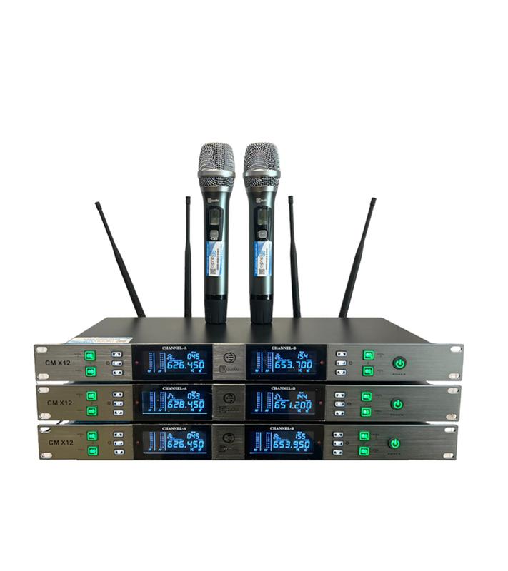 MICRO KHÔNG DÂY CAO CẤP CM X12 4 RÂU bảng mạch tím Mic UHF có Tự Ngắt mic không dây