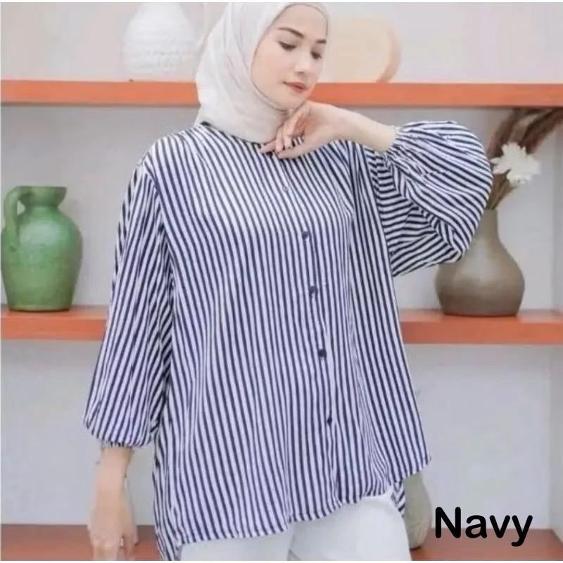 Kemeja Stripe  Oversized - Atasan Wanita - Pakaian Wanita - Stripe Shirt Atasan Wanita Lengan Panjang Katun Salur Baju Garis 0