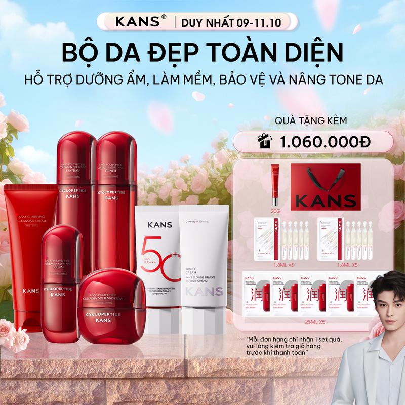 Combo Sản phẩm Hỗ Trợ Mờ Nếp Nhăn Và Ngừa Lão Hóa KANS Polypeptide Collagen Pleasant Set + Kem Chống Nắng Hỗ Trợ Bảo Vệ Da SPF 50+ PA++++ KANS Whitening Brighten Sunscreen Cream 50ml+Kem Dưỡng KANS GLOWING FIRMING TONING CREAM