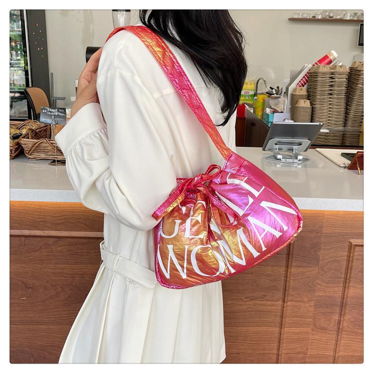 Product Introduction of Gentlewoman New Polyester Drawstring puffy Dumpling Bag Magnetic Buckle Closure in 4 Colors Gold Green Pink Rose Red Bag for women  tote bag or sling bag  2 Usage Directions 3