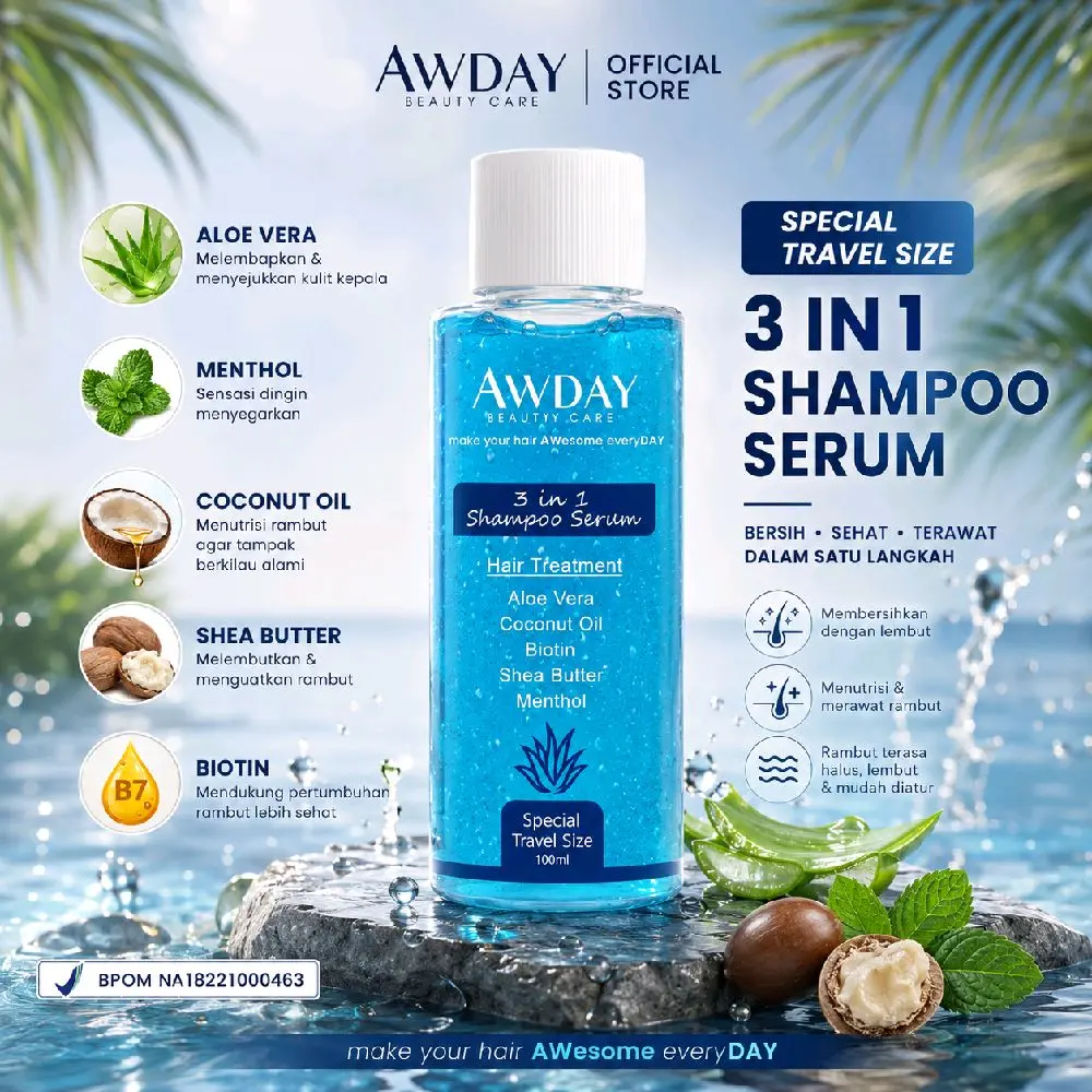 AWDAY Shampoo 3in1 100ml Non SLS untuk Pria & Wanita - Perawatan Rambut Pemanjang & Pelurus dengan Aloe Vera & Coconut Oil biru