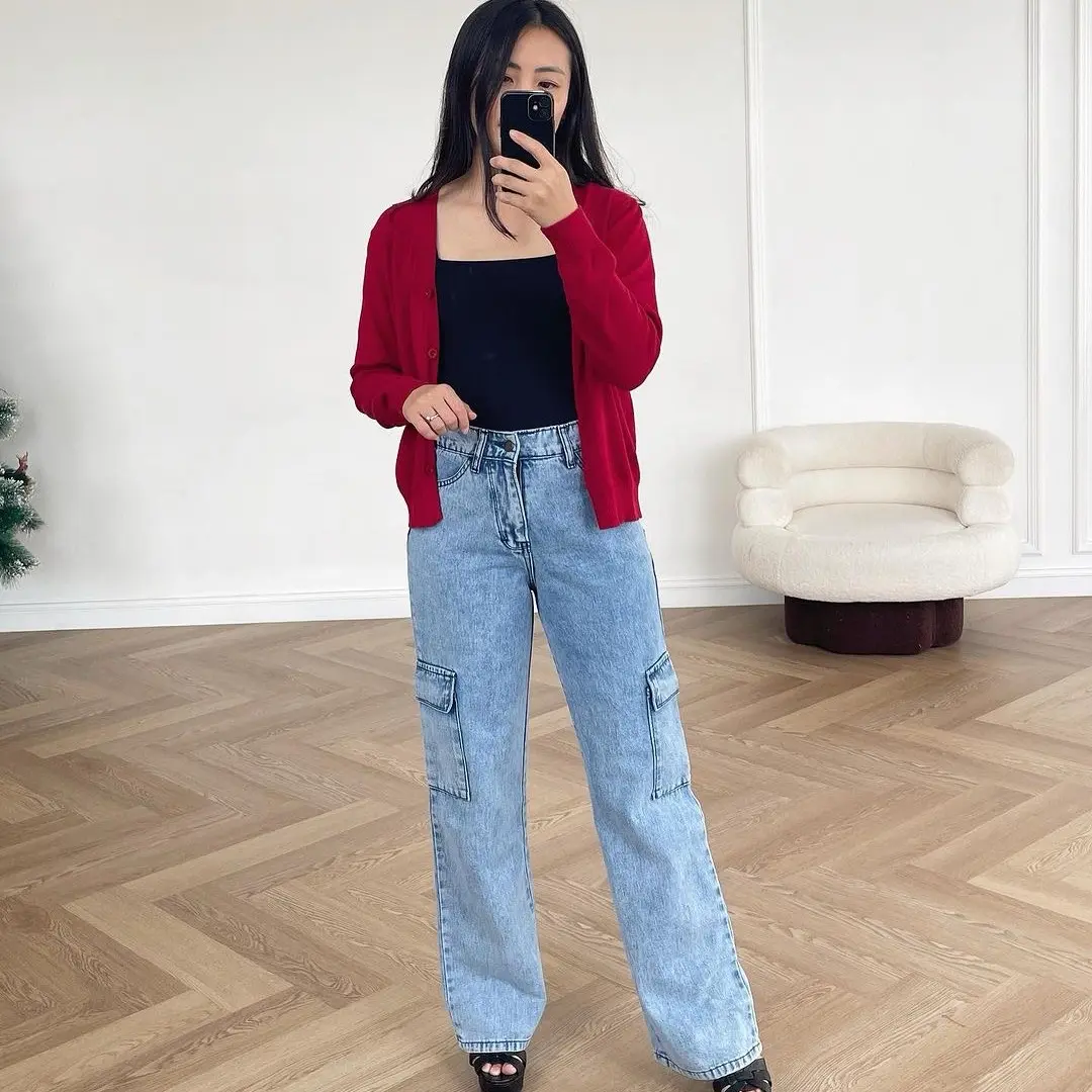Highwaist Cargo Loose Jeans Cargo Wanita Premium Terbaru Celana Panjang Cewek Hitam Dewasa