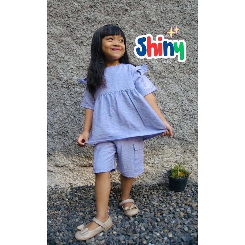 Shiny One set Setelan anak Polo Linen Lengan Ruffle 0