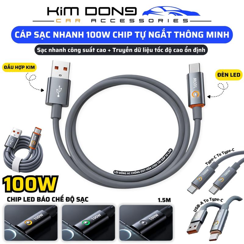 Cáp Sạc Nhanh Type-C 100W Dài 1.5m Tích Hợp Chip Led Tự Động Ngắt Khi Sạc Đầy.