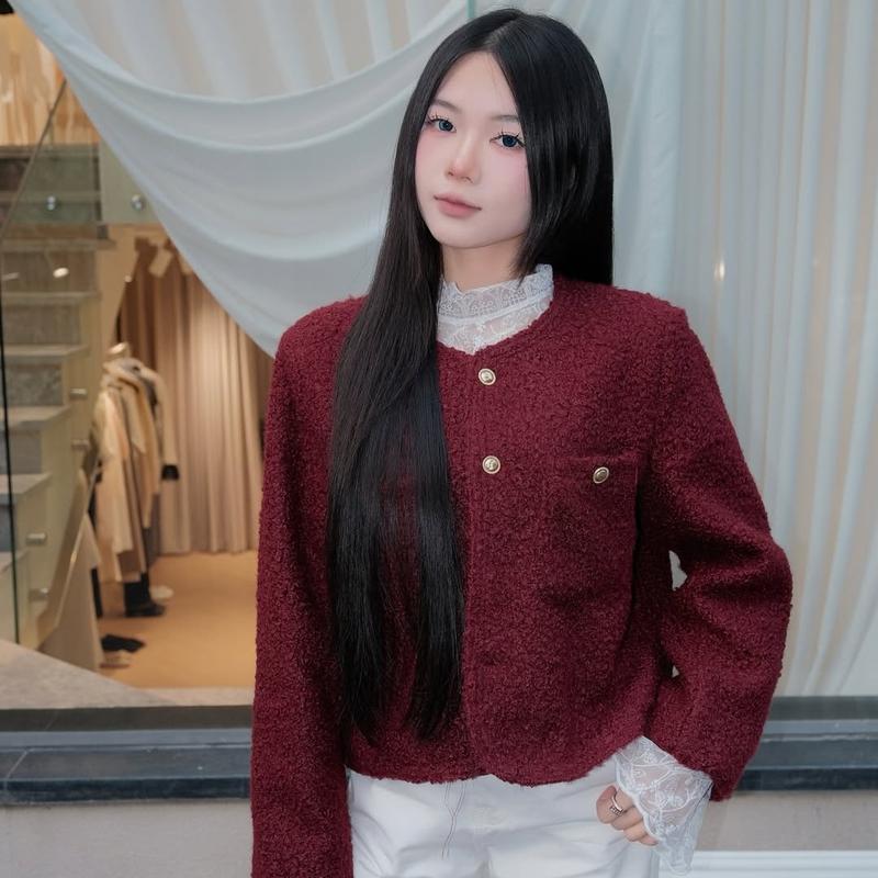  Áo Khoác Dạ Tweed Đỏ Nữ Kiểu Dáng Bông Xù Basic Chi Tiết Cúc Đồng Mùa Thu Đông Kimee - KA656 