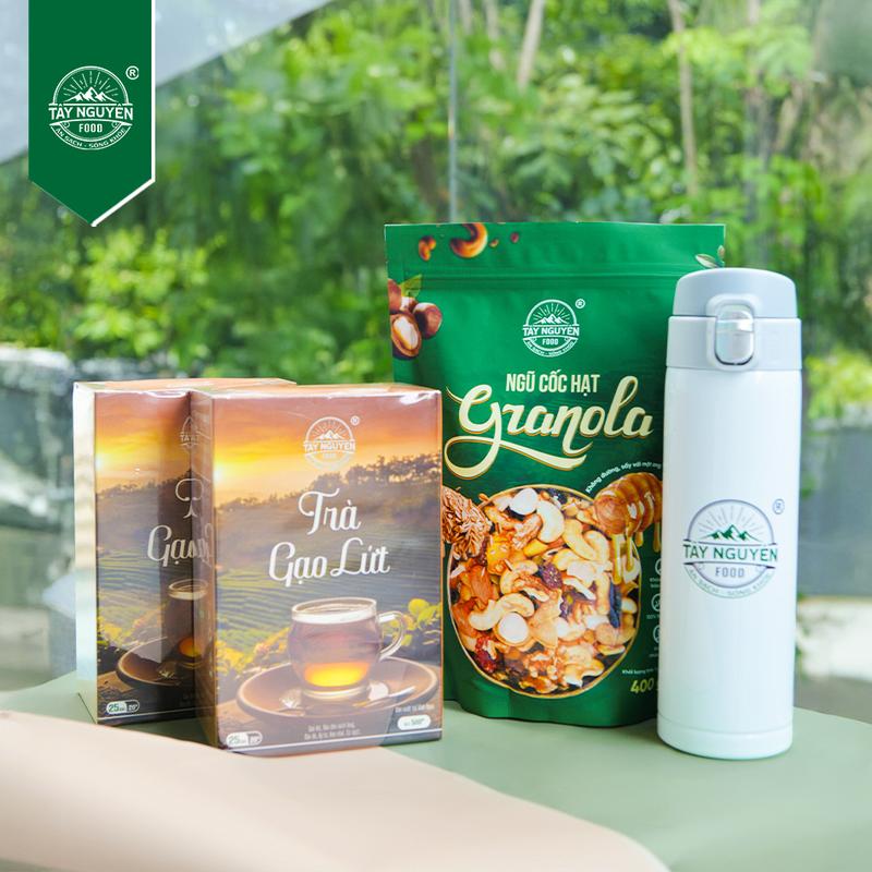 Tặng Bình giữ nhiệt Combo 2 hộp Trà gạo lứt 500g và 1 bịch Granola loại 400g Tây Nguyên Food - Việt Nam