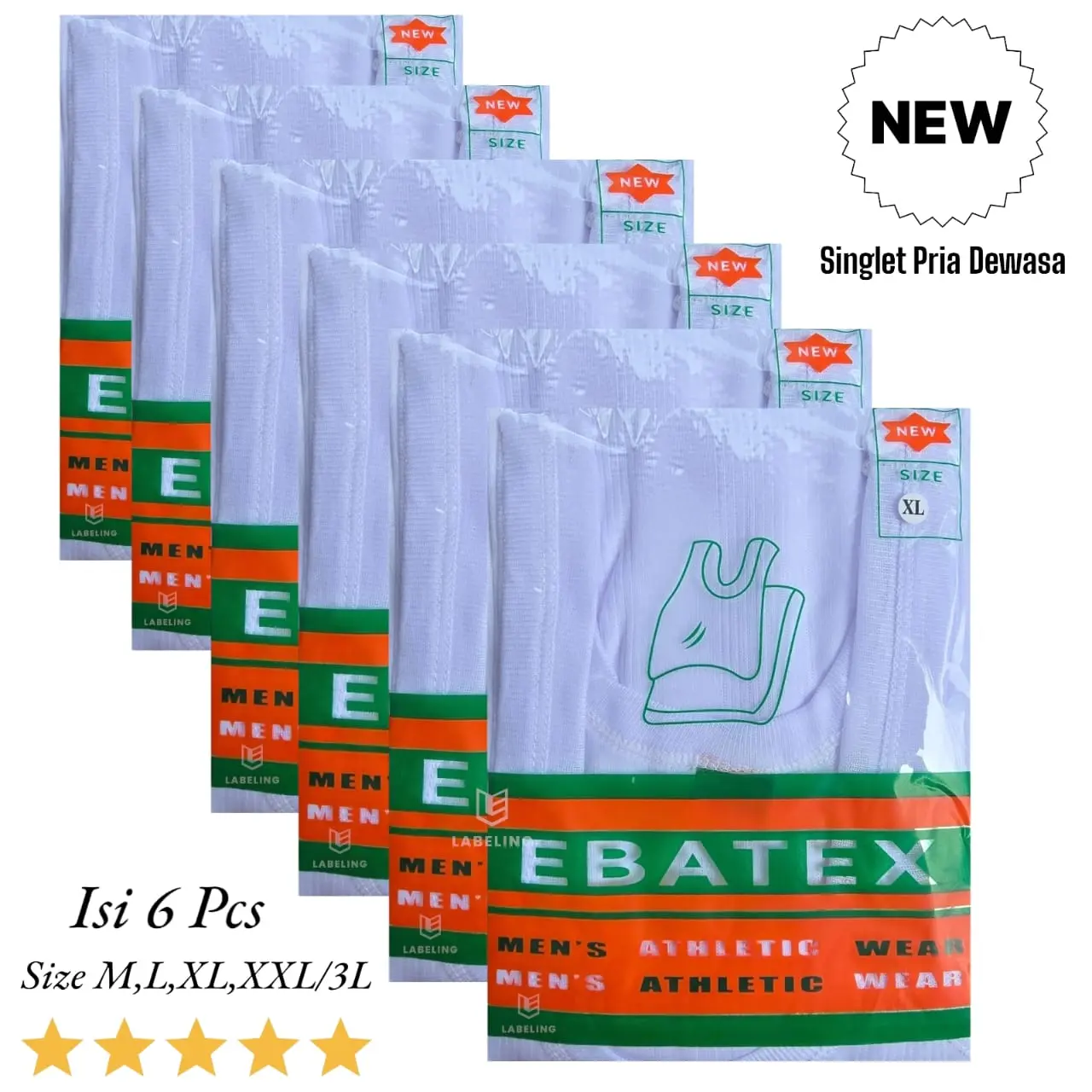 labeling-6 PCS SINGLET PRIA MREK EBATEX M L XL LLL 3L Kaos Katun Dewasa Cowok