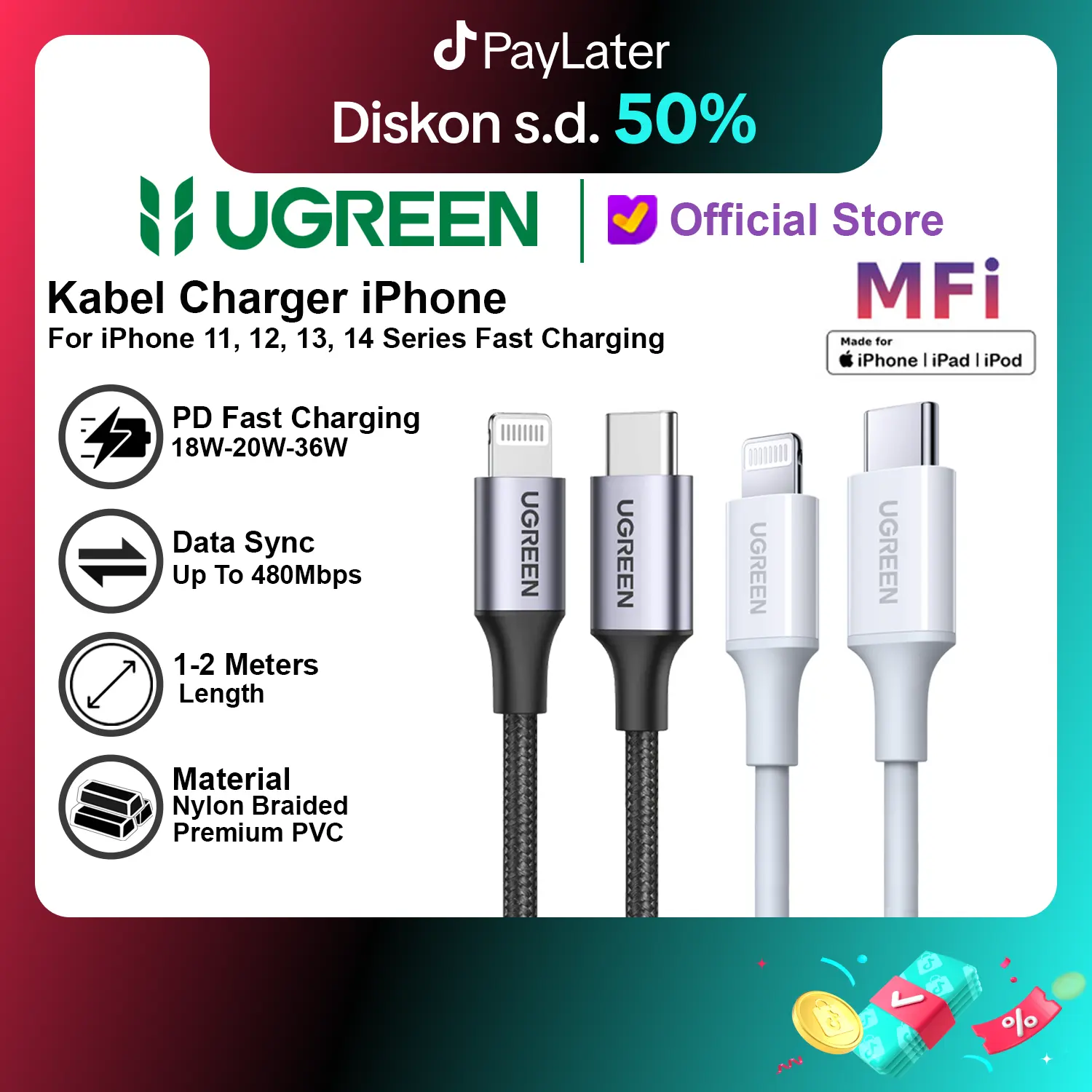 Kabel Data UGREEN Untuk iPhone 11,12,13,14 PD Type C To Lightning Fast Charging