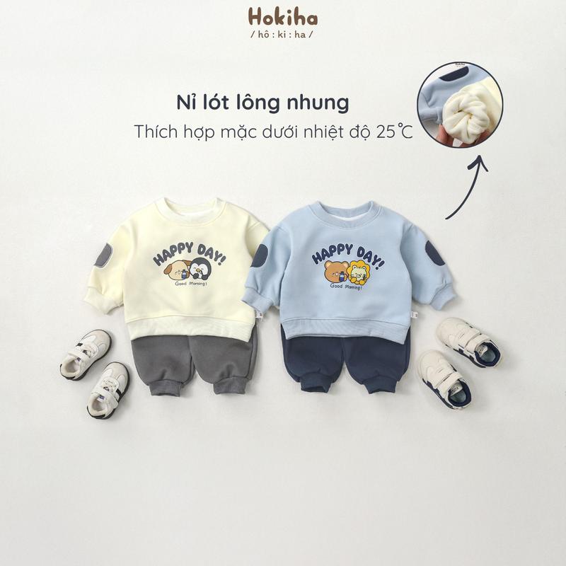   Hokiha  B327- Bộ quần áo nỉ lót lông nhung đáp tay cho bé hình đáng yêu vải nỉ mềm mịn ấm áp size 8-17kg 