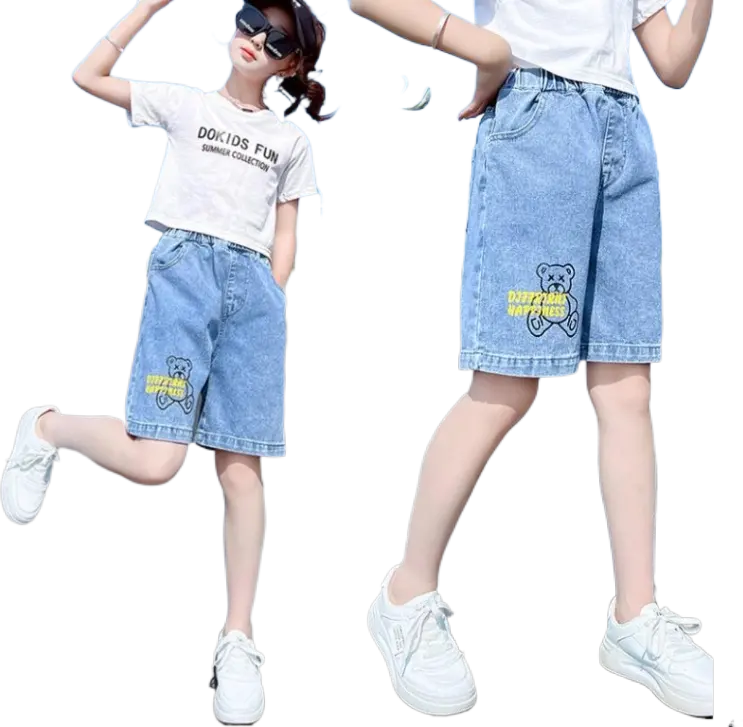 Girls'Embroidered Blue Denim Shorts 2023 Summer New High Waist Loose Slim Medium Pants Wide Leg Quarter Pants For Kids 3-12 Years Old