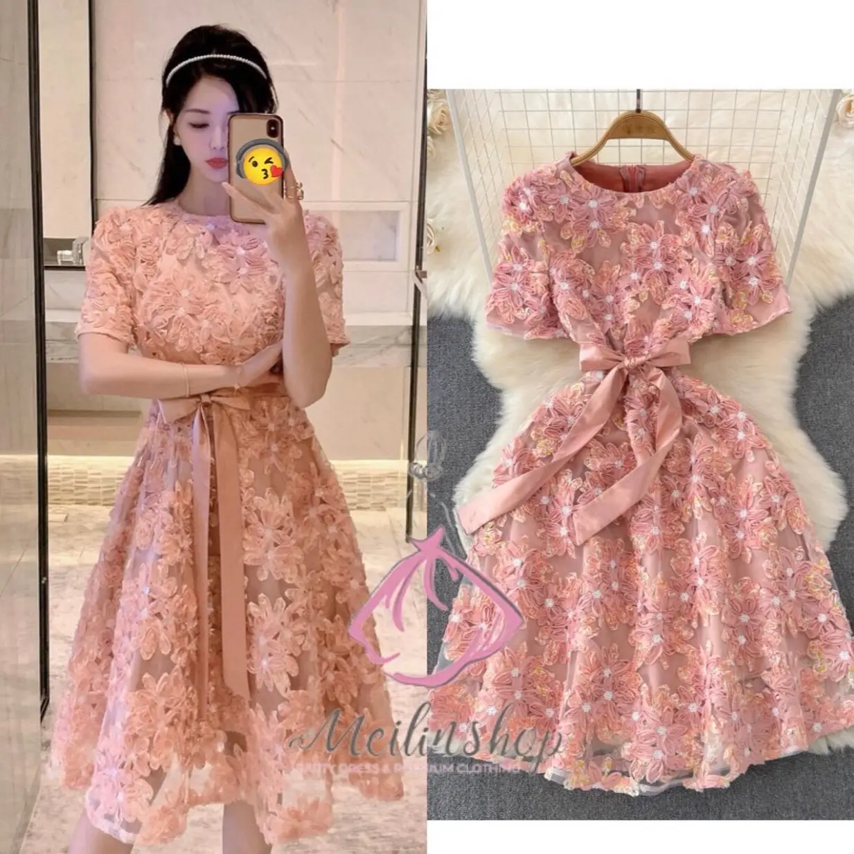 3D Flower Pink/Biru Cocktail Midi Dress Casual Gaun Floral Korean Style