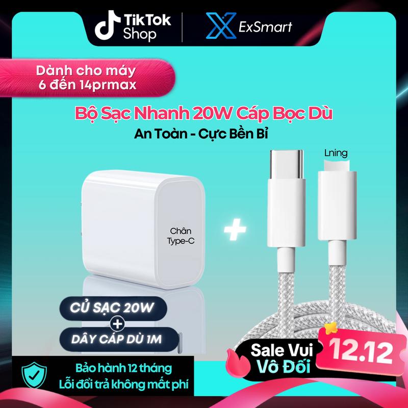 ExSmart Bộ Củ Cáp Sạc Nhanh 20w Dành Cho Iphone Cáp Bọc Dù Tự Ngắt Khi Sạc Đầy Chống Gãy Gập Độ Bền Cao Sạc Nhanh Bảo Vệ Pin An Toàn Cho Điệ