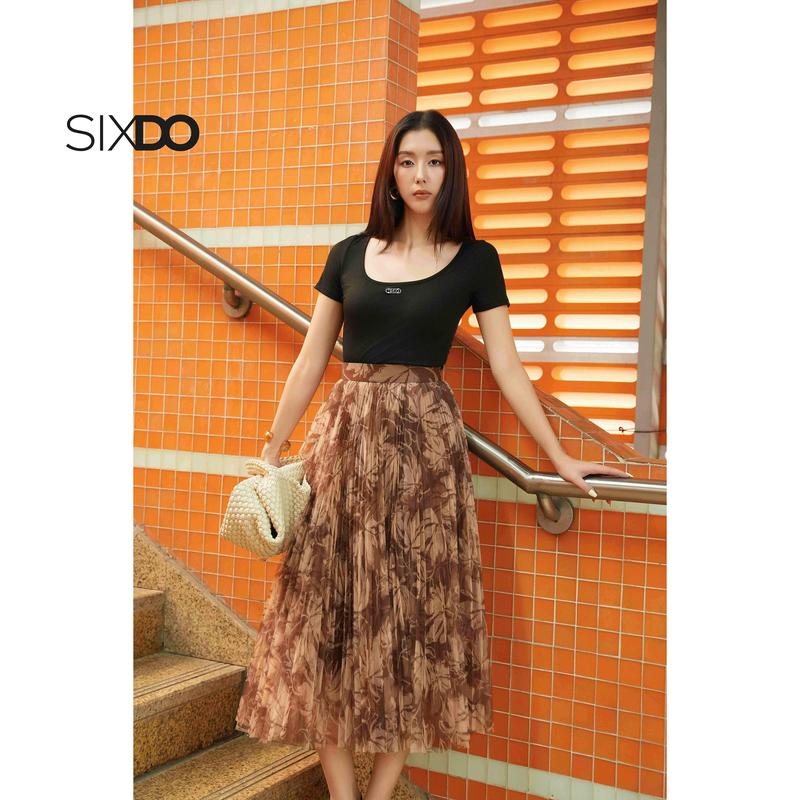 HN Áo dệt kim ngắn tay cổ vuông SIXDO Black Stretchy Blouse