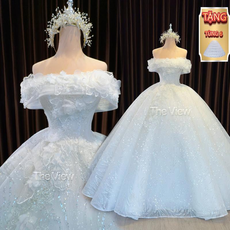 Váy cưới cúp vai ngang Nữ mùa hè, dòng Áo Cưới Limited 2024 nhẹ nhàng toen màu trắng phối hoa voan, thân áo đắp ren, đính cườm lấp lánh tùng váy xòe dáng công chúa, Dress cô dâu đón khách sân khấu mã váy 218