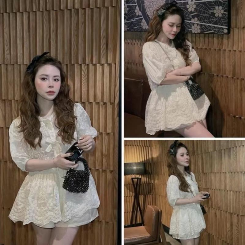 [Bèo Béo Bigsize ] Set Bộ Nữ Áo Ren Thô Hoa Babydoll Tay Bồng Dáng Xoè Đính Nơ Kèm Quần Taffta Form Bigsize 60-90Kg