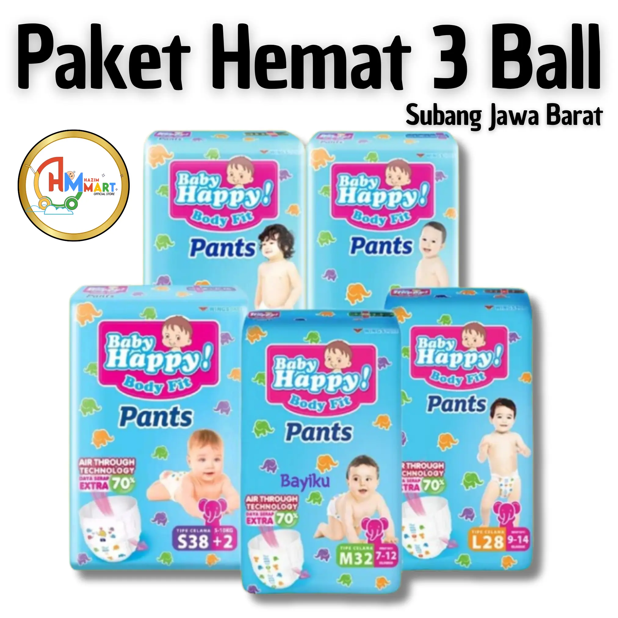 Paket Hemat 3 Ball Popok Bayi  Baby Happy Pants S38.M32.L28.XL26.XXL24 Diapers Bayi Dan Anak Anak Orang Tua