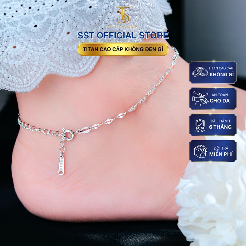 Lắc Chân Nữ Titan SST Kiểu lá me trơn trắng óng ánh Không Đen Gỉ - Móc Tròn LC55