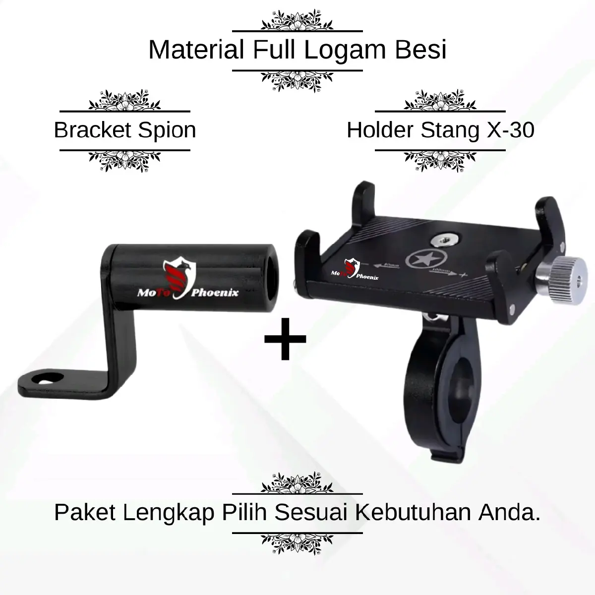 ( FULLSET ) Holder Hp Stang Motor MoTo Phoenix X-30 Full Logam + Bracket Extention Spion Motor