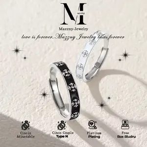 Cincin Couple Bunga Hitam Putih Adjustable | Aksesoris Pasangan Anti Karat Free Box
