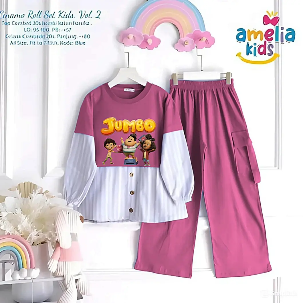 Davina Set Anak Perempuan Terbaru Celana Cargo Kekinian Baju Motif Animasi Jumbo Bahan Crinkle Airflow Mix Katun Salur - Fashion