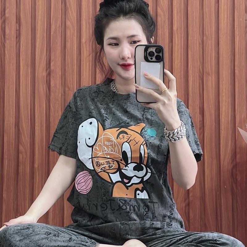 Đồ Bộ Thun rách tay ngắn In chuột Nâu tay ngắn quần dài bo chun