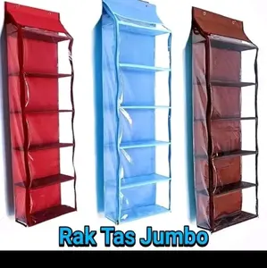 Rak Tas Jumbo susun dengan beberapa susun ada warna warni ada berkarakter kartun.