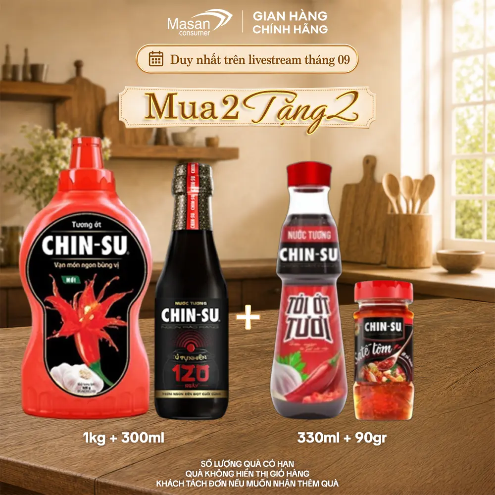 Combo gồm 1 Nước Tương Chin-su ủ tự nhiên 120 ngày 300ml và 1 tương ớt Chin-su 1KG