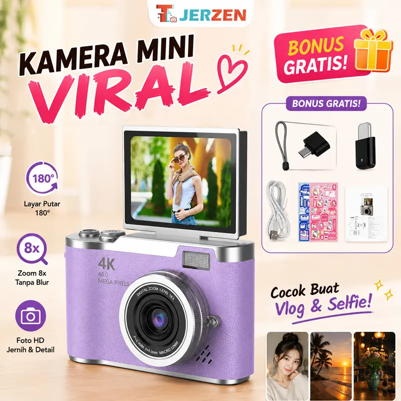 【T-JERZEN LK007】4K Kamera Vlog 64MP | Layar Flip 180° | Auto Fokus + Makro | FREE 32GB Card + OTG | Ringkas | untuk Pemula & Vlog