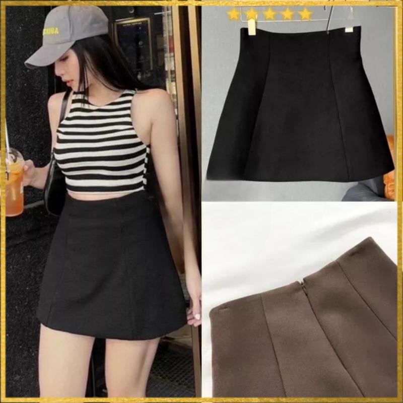 Chân váy A ngắn lưng cao dáng dài công sở ôm xòe màu đen nâu xếp ly - Chân váy chữ a cạp liền có quần trong đi biển đẹp Nữ Jean