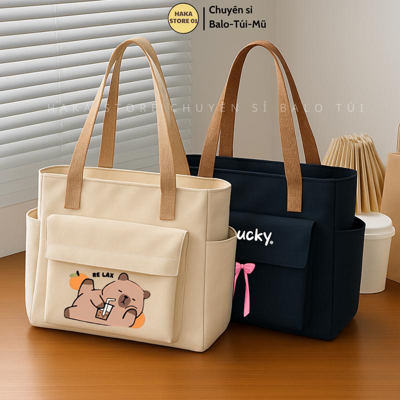  Túi tote 2 lớp dày dặn túi vải canvas có ngăn phụ túi đeo vai đi học đi chơi thời trang họa tiết nơ xinh hoạt hình Capy Bara đựng vừa khổ A4 laptop 