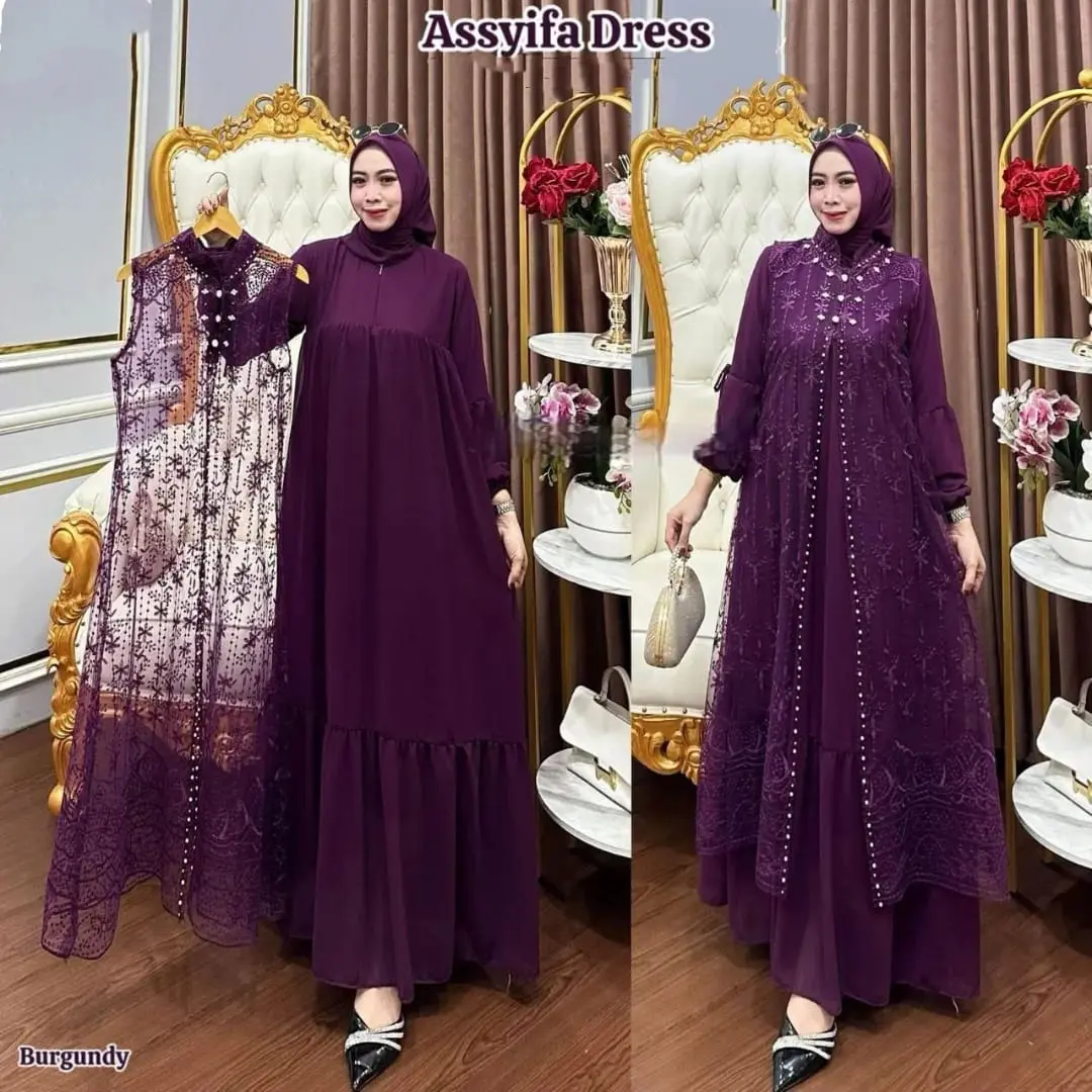 ASSYIFA DRESS  Muslim Kondangan Viral Bahan  Ceruty babydoll full puring mix tile premium aplikasi mutiaraGamis Muslim Terbaru Wanita Mewah Lebaran Dewasa Pesta