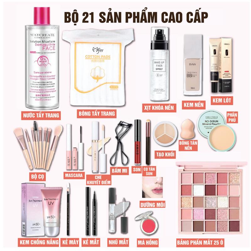 [ƯU ĐÃI] Bộ 21 và 15 sản phẩm trang điểm makeup cao cấp cho mặt MiuCosmetics có nước tẩy trang 300ml, bông tẩy trang Cotton Pads, xịt khóa nền, phấn phủ kiềm dầu, kem nền che khuyết điểm...