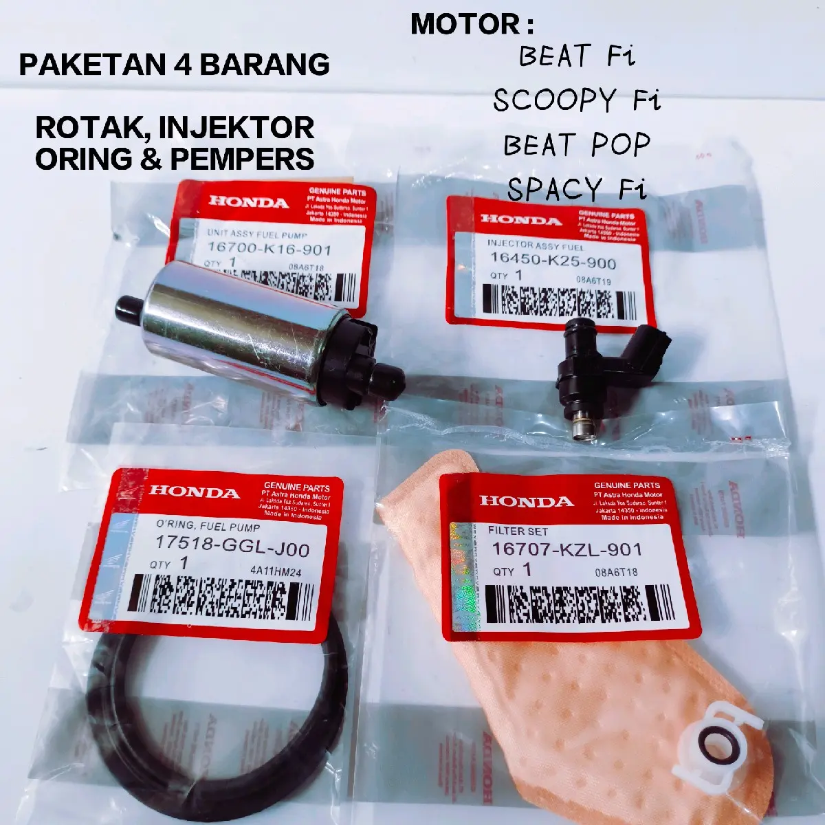 PAKETAN 4 BARANG INJEKTOR ASSY K25 + ROTAK DINAMO FUELPOMP + ORING + PEMPERS K25 HONDA BEAT Fi SCOOPY Fi BEAT ESP SPACY Fi BEAT POP
