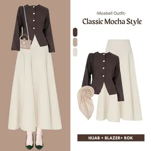 Classic Mocha Style One Set 3in1 Atasan Wanita Blazer Dark Coffe Rok Joda A line Hijab Segiempat Terbaru Bundling Baju Bawahan Kekinian Jilbab