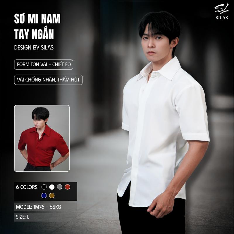 Áo Sơ Mi Tay Ngắn SILAS Trơn Cotton Chéo Nam Giấu Cúc Cổ Bẻ Thoáng Mát - ASL34
