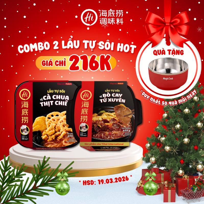 DEAL HẤP DẪN Combo 2 Lẩu tự sôi vị Bò cay Tứ Xuyên Bò mềm cà chua Cà chua thịt chiên Cà chua xương hầm TẶNG Chén inox xịn xò