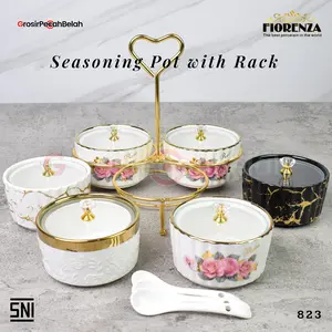 Tempat Bumbu Keramik Rak Set Porselain Motif Lining Gold Marble Rose Gold Fiorenza 823