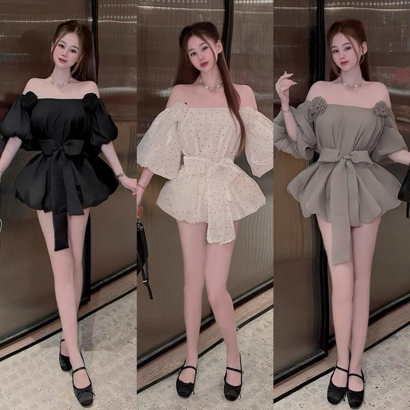Váy baby doll trễ vai tay bồng đính hoa thủ công kèm dây buộc eo_ Thinhhanstore