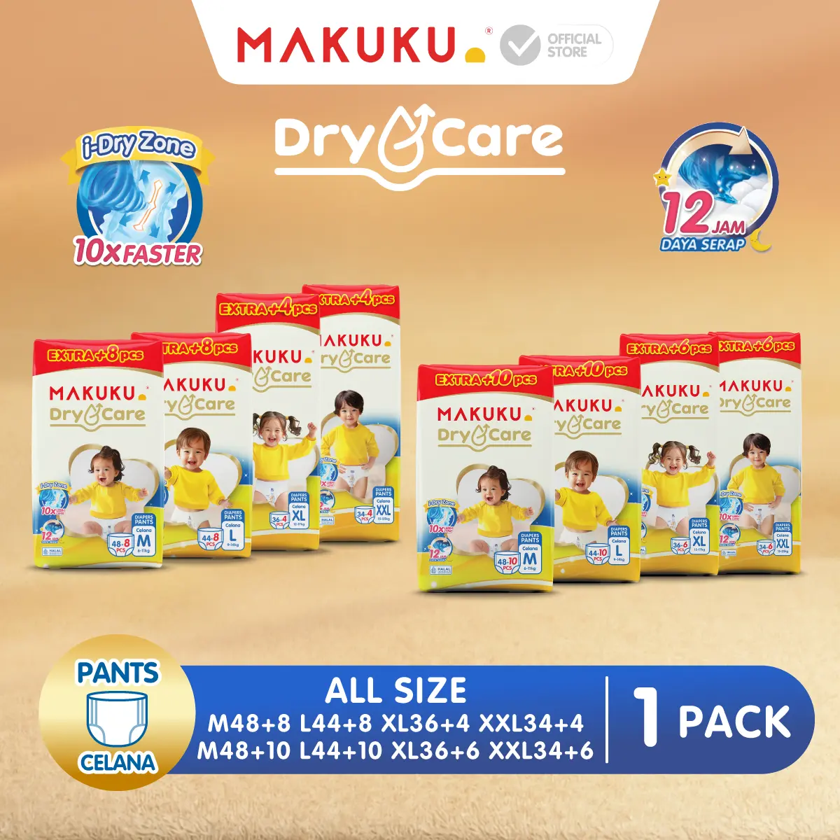 [1 PACK] MAKUKU Diapers Dry Care 3.0 Mega Jumbo Packs M48+10 / L44+10 / XL36+6 / XXL34+6 / M48+8 / L44+8 / XL36+4 / XXL34+4