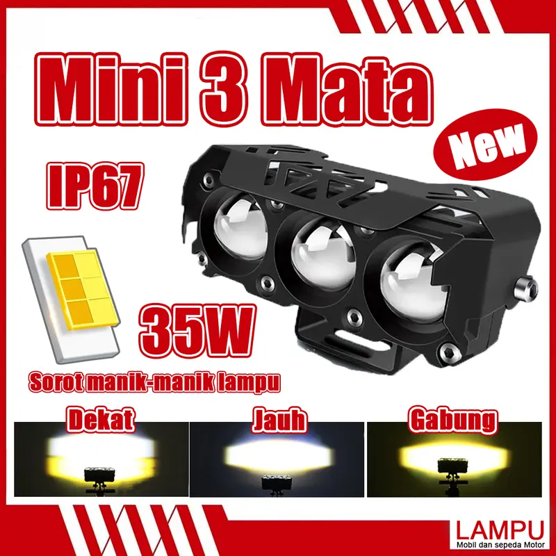 LAMPU TEMBAK LASER/LAMPU TEMBAK MINI 3 Mata/TANPA KIPAS/SUPER BRIGHT HI LO 35 WATT LAMPU TEMBAK MOTOR MOBIL/FOGLAMP 3 MATA/Super Terang Full Aluminium Putih Kuning/Full Alumunium Premium Car 0